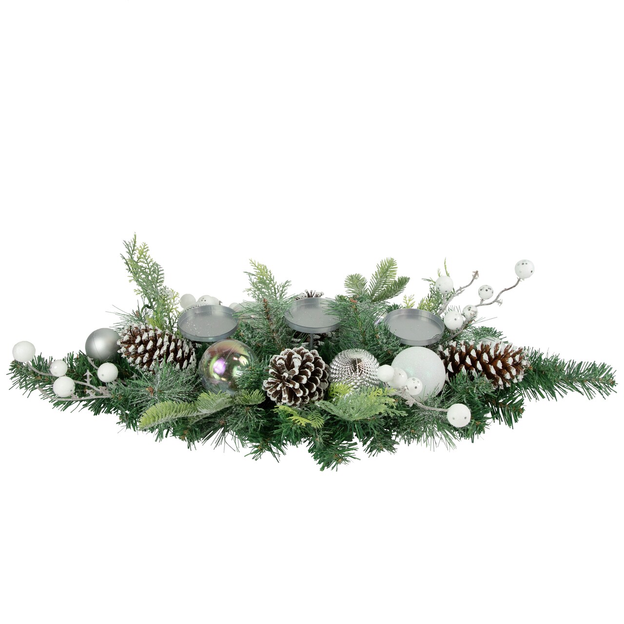 Northlight Pine and Berries Triple Candle Holder with Iridescent Christmas Ornaments - 32"